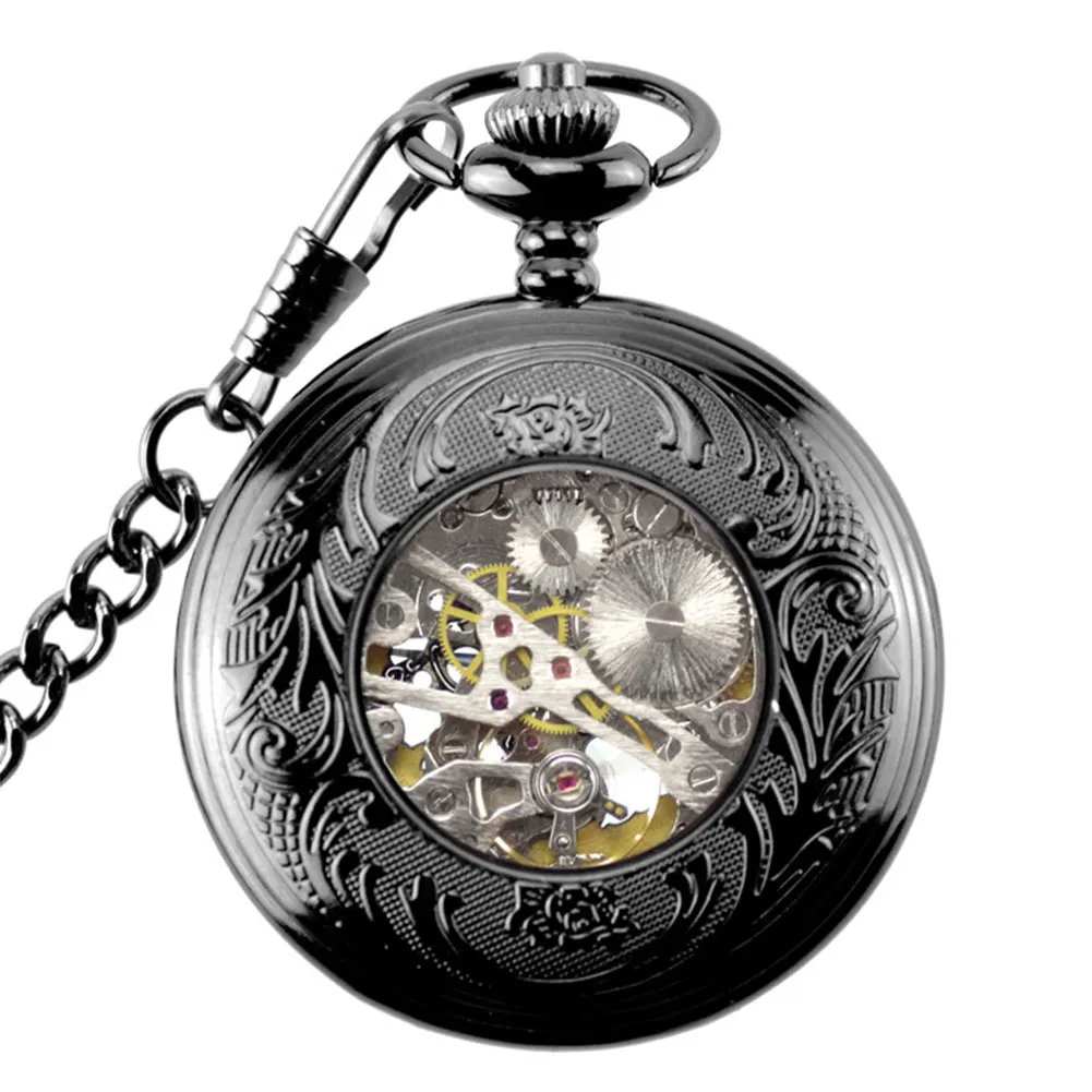 Mechanical Sculptured Fashion Pocket Watch Vintage Roman Numerals Necklace Gear Shape Retro Gift With Chain Fob Flip Open