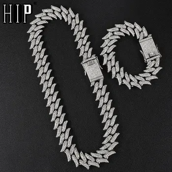 

Hip Hop 19MM Bling AAA+ Iced Out Alloy Rhinestones Thorns Cuban Link Chain Bracelet Necklace For Men Jewelry