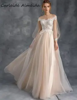 

Ivory Champagne Boho Wedding Dress with Unique Lace Appliques Long Sleeves Simple Bride Dress