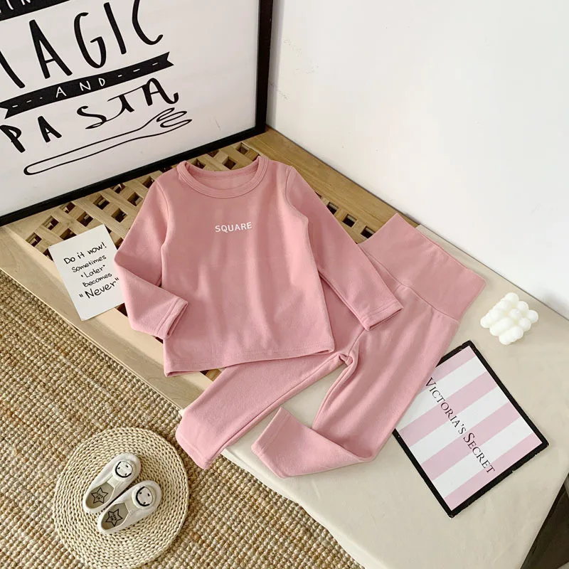 pink2 WLG/зимние пижамные комплекты для мальчиков и девочек из 2 предметов, комплект из плотной вельветовой рубашки с надписью и штанов, Теплые повседневные пижамы для детей детская одежда - Цвет: pink2