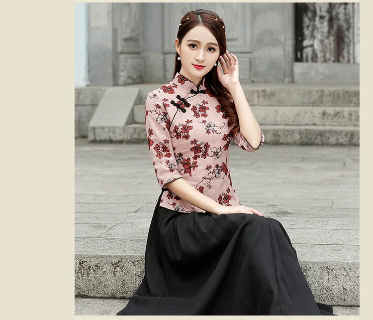 Учебный стиль для женщин с длинными рукавами белый Qipao сломанные цветы Улучшенный чёнсам Тан костюм рубашка женская повседневная одежда рубашка