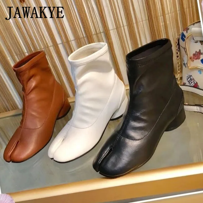 Ninja tabi/обувь с раздельным носком; ботильоны из натуральной кожи; женские ковбойские ботинки на низком каблуке с круглым носком; Цвет черный, белый, коричневый; зимняя женская обувь
