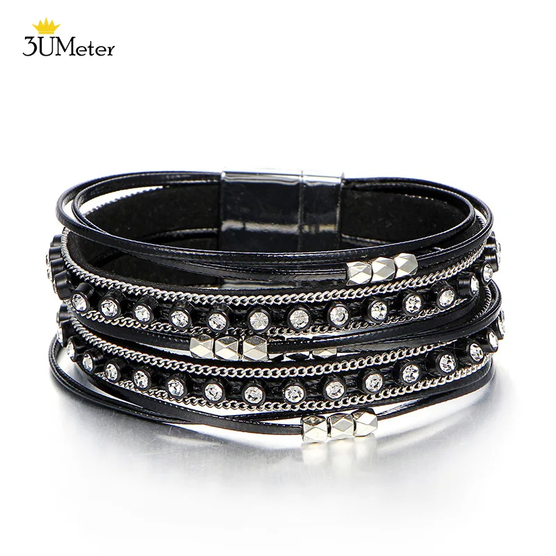 Fashion Black Multiple Layer Leather Bracelet Metal Bead Wrap Bracelets Magnetic Clasp Charm Bangle Jewelry For Women Femme