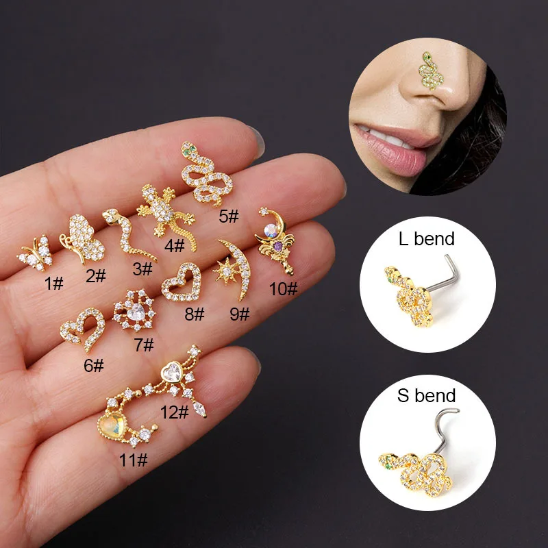 

2022 New 1Pcs L Shaped Nose Studs Piercing Stainless Steel 20G Snake Zircon Nostril Screw Indian Nose Ring Piercing Jewelry