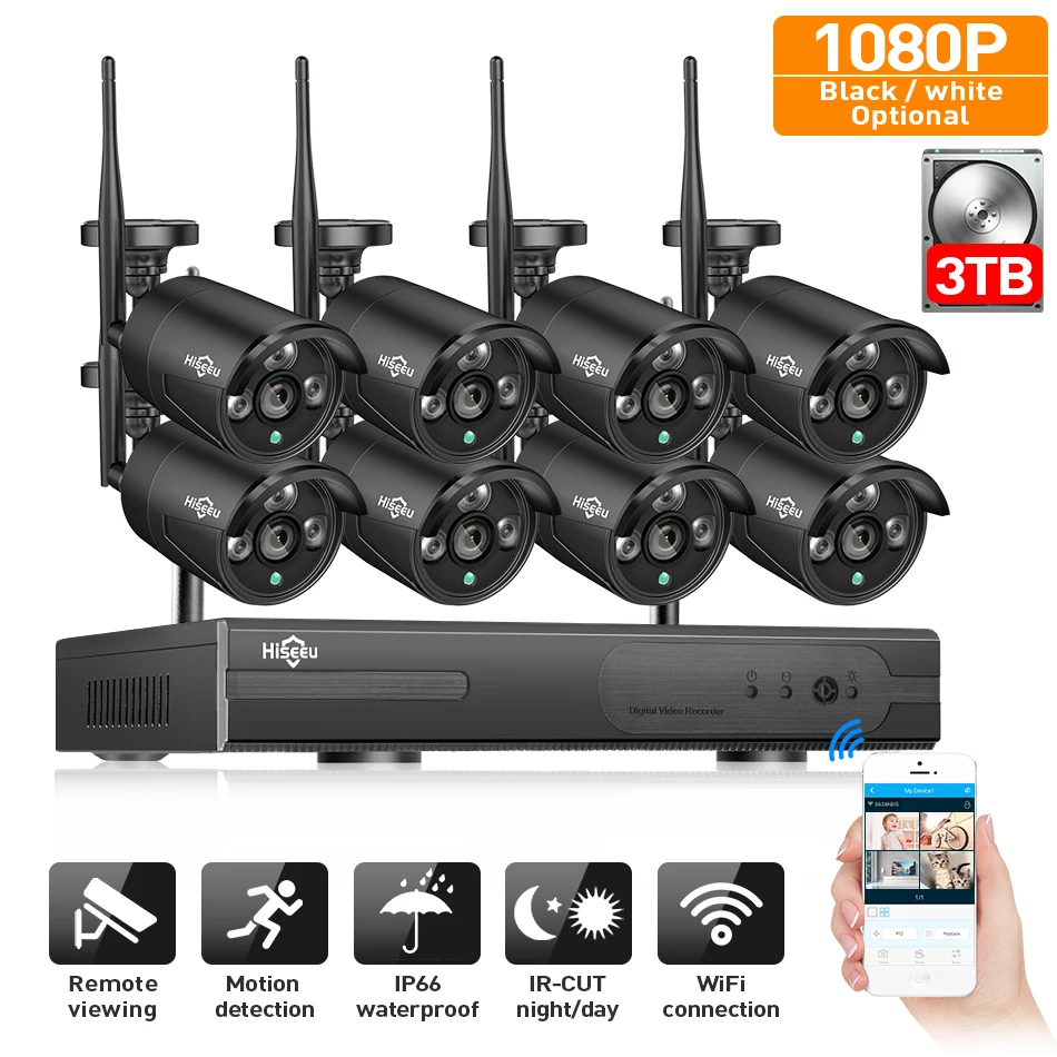 Acheter 2MP CCTV système 1080P 8ch HD sans fil NVR kit 3 to HDD extérieur IR nuit IP Wifi caméra système de sécurité Surveillance vidéo Hiseeu