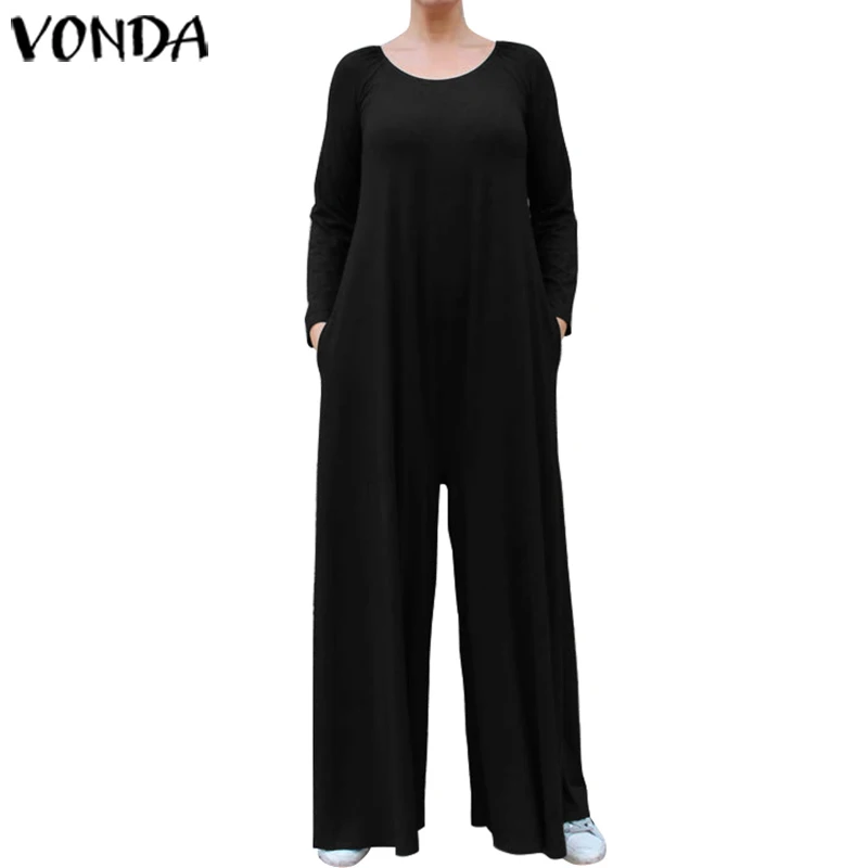 Широкие брюки женские богемные однотонные комбинезоны VONDA с длинным рукавом размера плюс Oversall повседневные Свободные Комбинезоны женские s комбинезоны S-5XL - Цвет: Черный