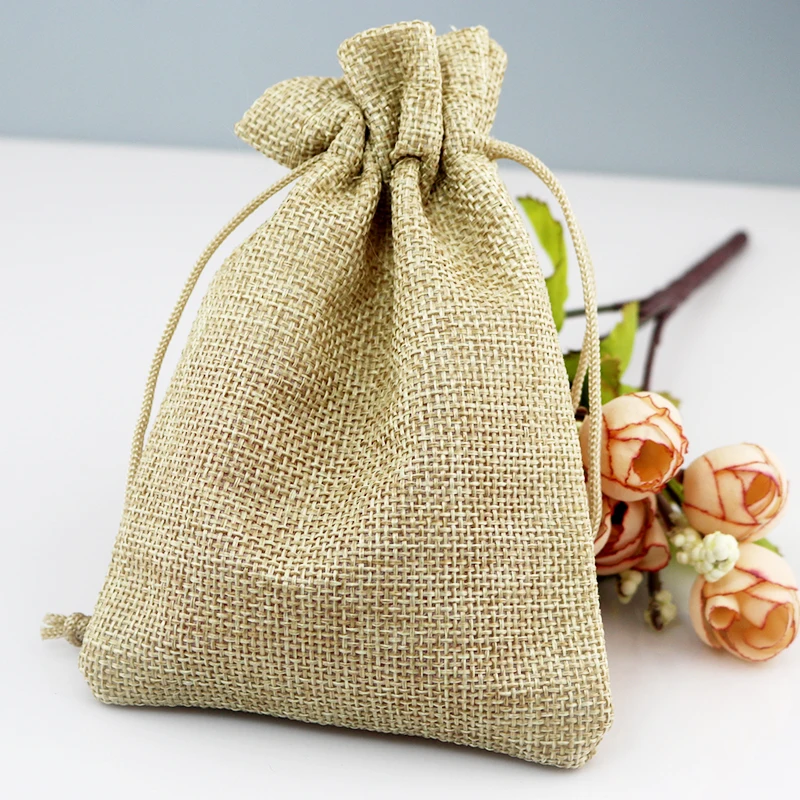 

14*20cm 50pcs Plain Natural Color linen jute bag jewelry package bag big drawstring gift bag cute Wedding Favor packaging bags