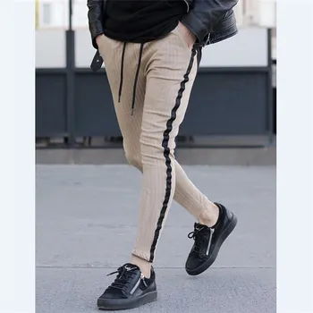 

Size M To 3XL Men Striped Long Pants Spring Autumn Skinny Gray Blue Pants Hip Hop Straight Casual Trousers Slim Long Pants Men