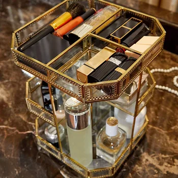 

Makeup Storage Box 360 Degree Rotating 3 Layer Storage Glass Countertop Bathroom Dressing Table Vintage Makeup Storage Box Suita