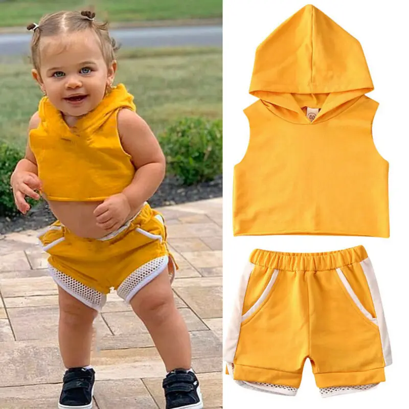 2PCS Toddler Kids Baby Boy Sleeveless Hooded Tops Pants Shorts