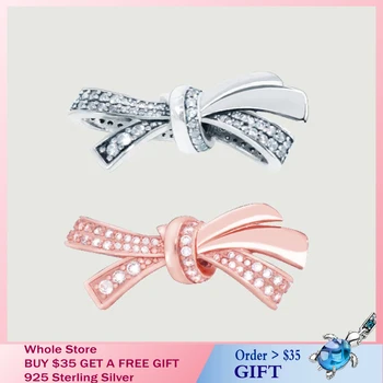 

Hot Classic 925 Sterling Silver Pink Mother's Love Bow Ribbon Beads Charms fit Original Pandora Bracelets Women DIY Jewelry