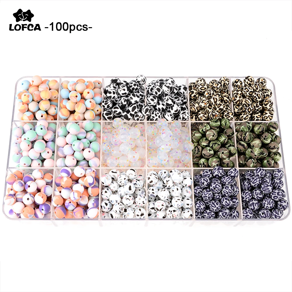 LOFCA 100pcs Camo Silicone Beads Leopard 12/15/19mm Tie Die Baby Teether Dalmatian Terrazzo Hexagon Teething DIY Jewelry | Мать и ребенок