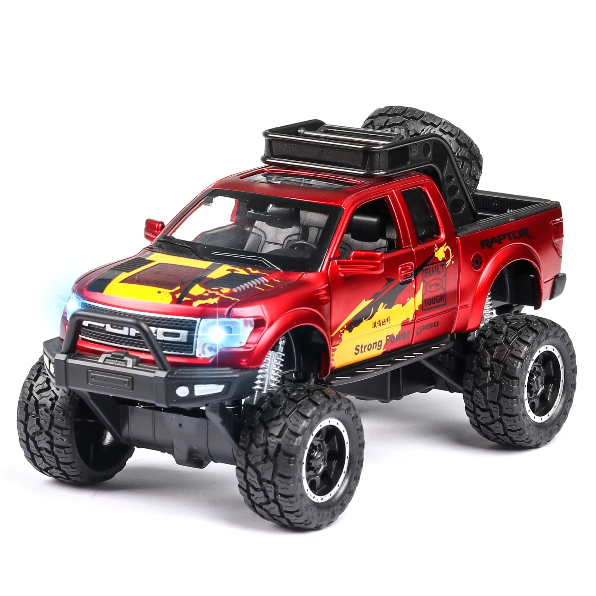 

1:32 Diecast Car Toy Red Simulation Raptors-F150 Model Metal Wheels Kids Toy Vehicle Sound Light Pull Back Car Ornaments Boy Gif