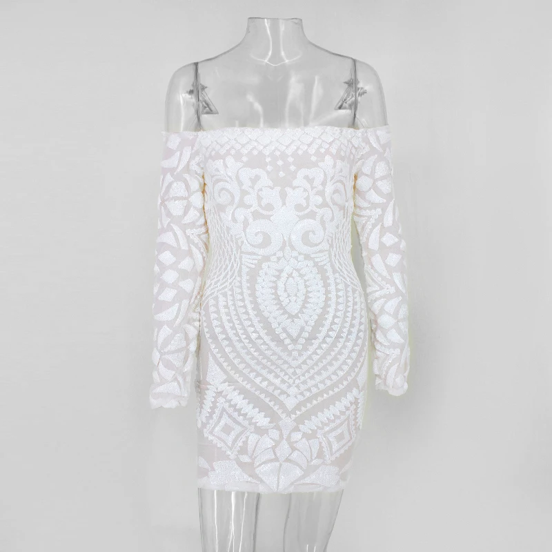 С открытыми плечами Макси белое длинное платье сетка Bodycon Sequin платье для женщин без бретелек Вечерние сексуальные летние платья Vestido - Цвет: Mini White