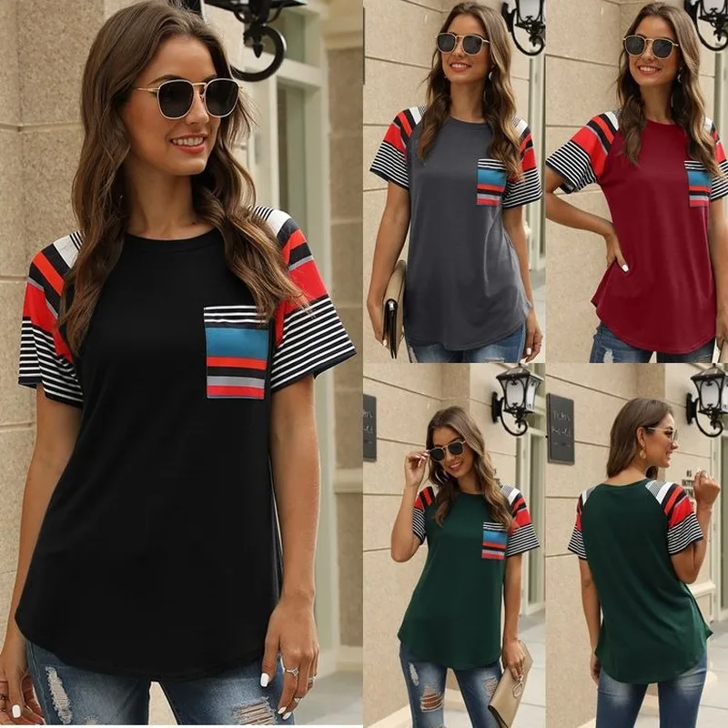 

Women Striped Printed Stitching Top Summer Simple Short Sleeve Round Neck Top Slim Ladies Tops Tee Street Style Shirt Fashion
