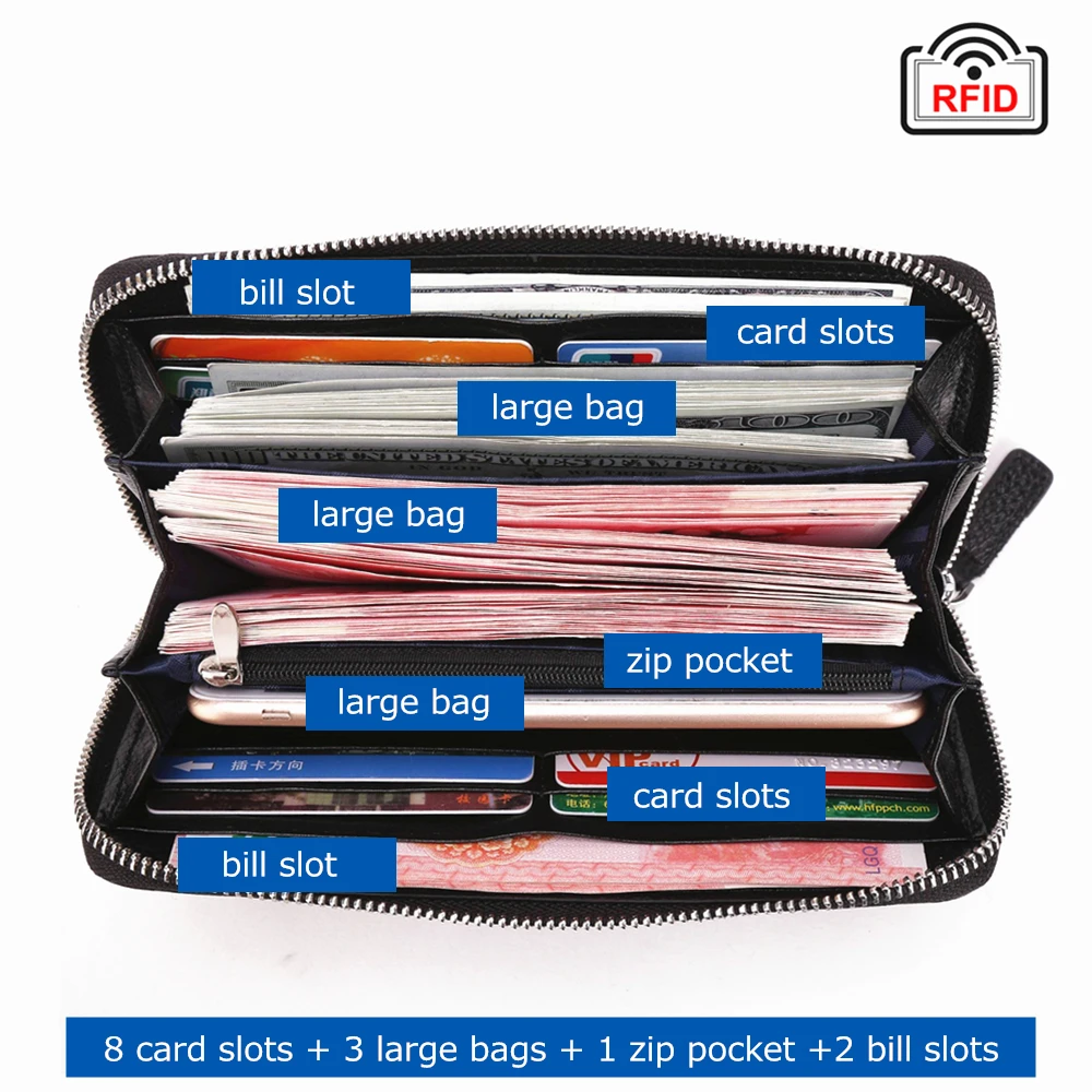  BISON DENIM Brand Genuine Leather Wallet RFID Blocking Clutch Bag Wallet Card Holder Coin Purse Zip - 32835553042