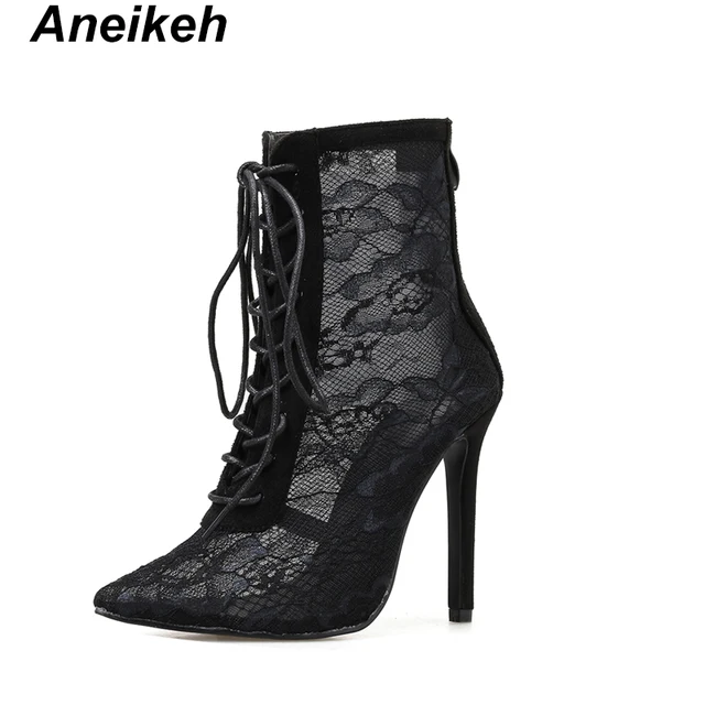 Aneikeh 2022 Fashion Basic Sandals Boots Women High Heels Pumps Sexy Hollow Out Mesh Lace-Up Cross-tied Boots Party Shoes Party Black