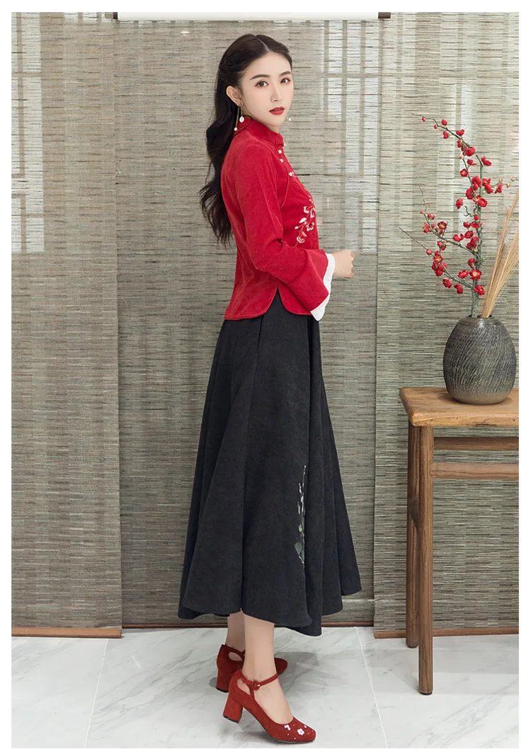 Sheng Coco блузки Hanfu Китайский стиль Cheongsam топы с длинными рукавами в виде листьев лотоса костюм Тан женский хлопок вышивка Qipao рубашка