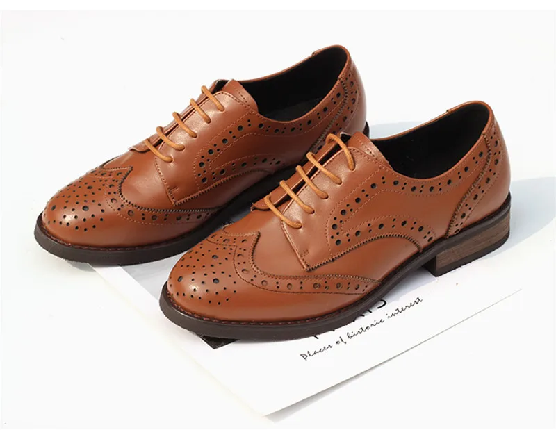 British Genuine Leather Female Oxford Shoes College Spring New Thick Heel 3cm Women Brogues Retro Carved Single Shoes Large Size (6)