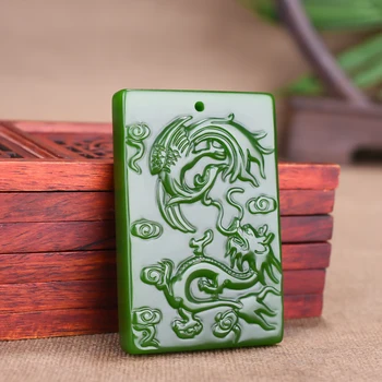 

Chinese Natural Green Jade Dragon Phoenix Pendant Necklace Hand-carved Charm Jadeite Jewelry Fashion Amulet Gifts for Men Women