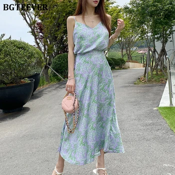 

BGTEEVER Chic Women Set V-neck Camisoles & Elastic Waist A-line Midi Skirts Elegant Leaves Printed 2 Pieces Set 2020 Summer