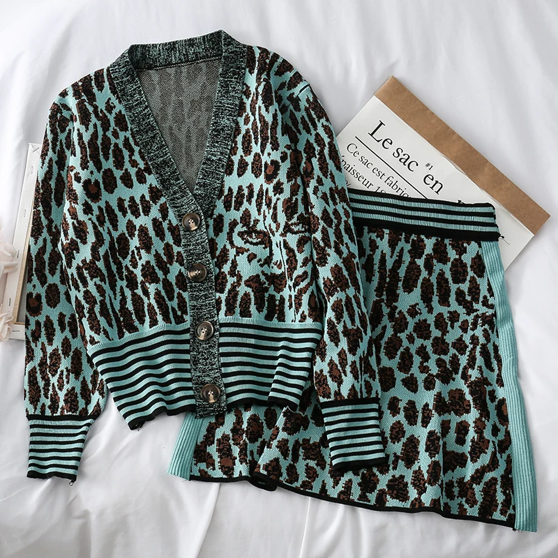 

Mooirue Vintage Leopard Women Kintting Two Piece Set V Neck Casual Harajuku Cardigan+high Waist Mini A Line Skirt Club Outfits