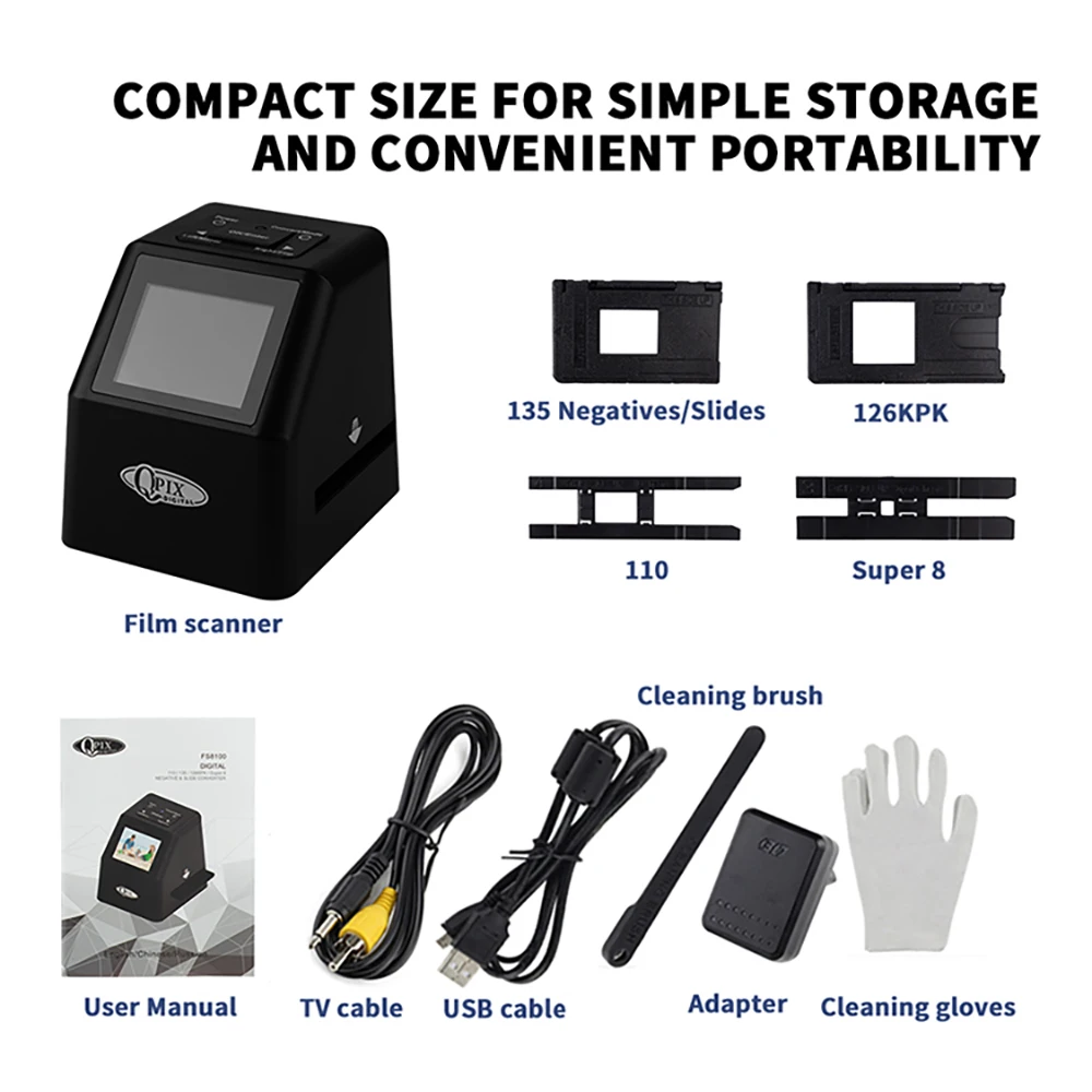 Portable Digital Film Scanner Convert 35mm 135 110 126KPK Super 8 Slides & Negatives to 22 Mega Pixels JPEG 2.4"LCD Screen negative film scanner