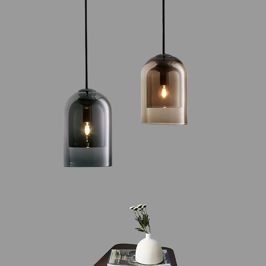 

Nordic glass pendant light modern simple gray amber double layers shade suspension hanging lamp for restaurant cafe dinning room