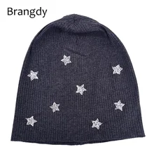 Зимние стразы, Хлопковые вязаные шапочки, Skullies головные уборы для женщин, эластичные шапочки со звездами в рубчик, женские шапочки, Осенняя шапочка, шапки