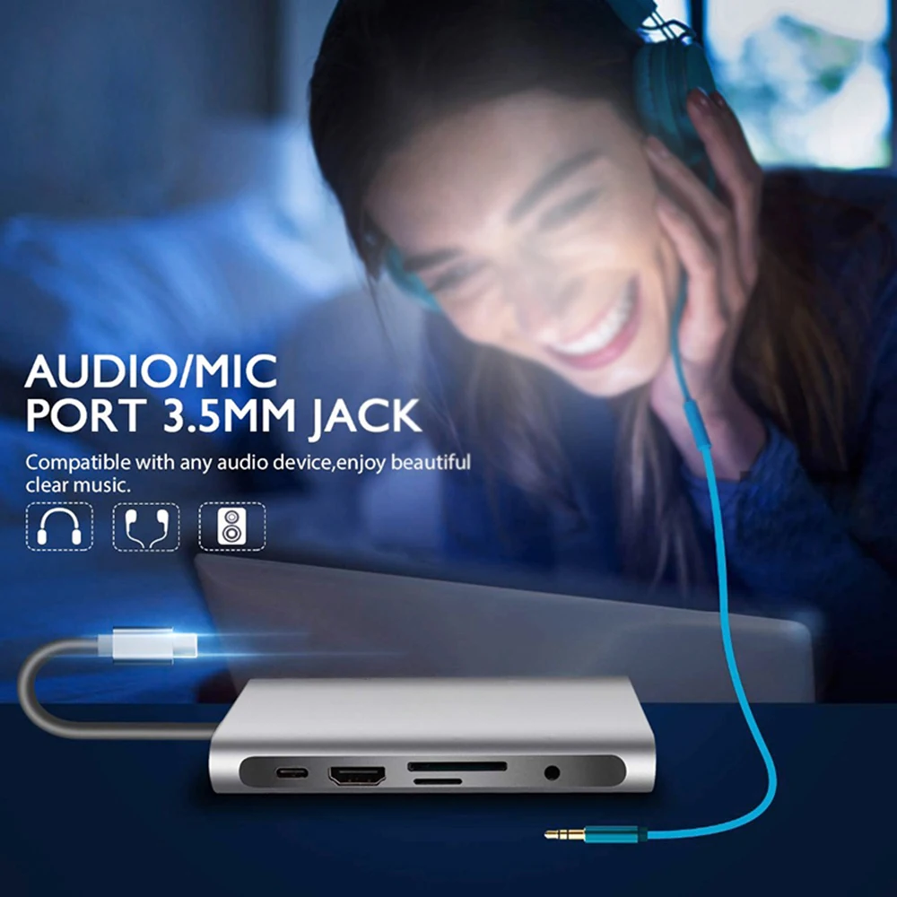 USB C концентратор к HDMI док-станция 10 в 1 Thunderbolt 3 type C адаптер USB 3,0 порт 4K HDMI 1080P VGA RJ45 Gigabit Ethernet для Macbook Pro