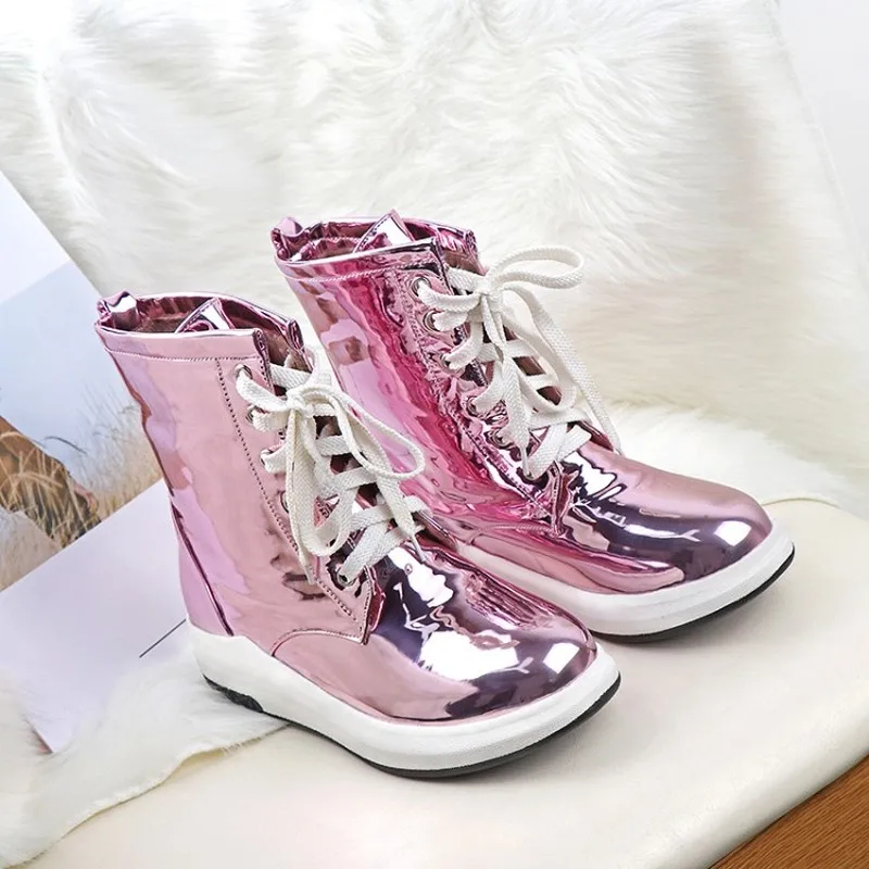 

US4-11 Womens Patent Leather Ankle Boots Fleece Liner Warm Winter Wedge Hidden Heel Lace Up Bling Snow Shoes Gold Sliver Rose