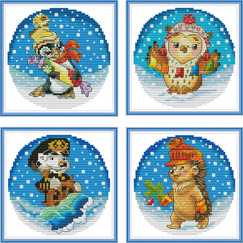 

Printed Cross Stitch Kit Counted Cross Stitch Joy Sunday 11CT Cartoon Animals In Snow Cross Stitch Kit Embroidery Needlework Set
