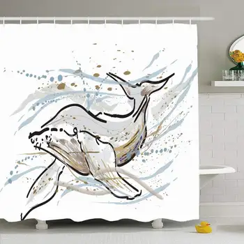 

Shower Curtain Set with Hooks Action Isolate Whale Splashing Water Animals Wildlife Paint Abstract Bubble Color Wet Drop