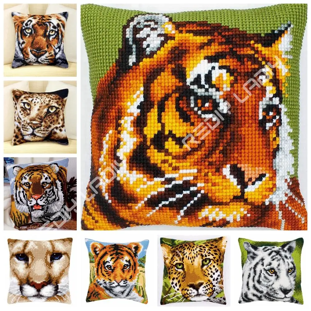 

Cross Stitch Cushion Front Tiger Lion Leopard Pillows Chunky Cross-Stitch Kits 100% Acrylic Yarn Pillow Case Home Decor Crafts