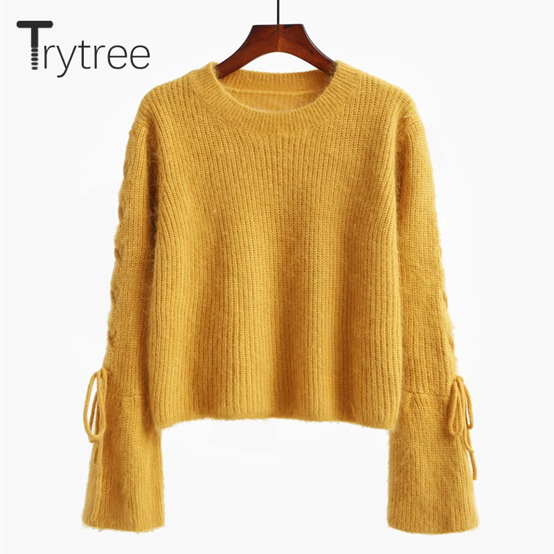 Trytree Осень Зима Женский Повседневный свитер короткий вязаный Однотонный свитер свободный расклешенный рукав крест-накрест пуловер с лентами Топы