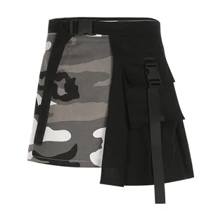 Армейский зеленый Iamhotty CAMO женские юбки ассиметричный запах модное короткое платье лоскутное с пряжкой Карманный Мини Сарафан - Цвет: Армейский зеленый