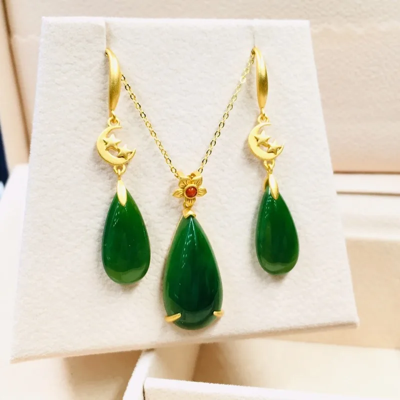 

Hetian Jade s925 Silver Inlaid Pendant Earring Set Charm Jewellery Women's Hand-Carved Earrings for Women Men Fashion Accessorie