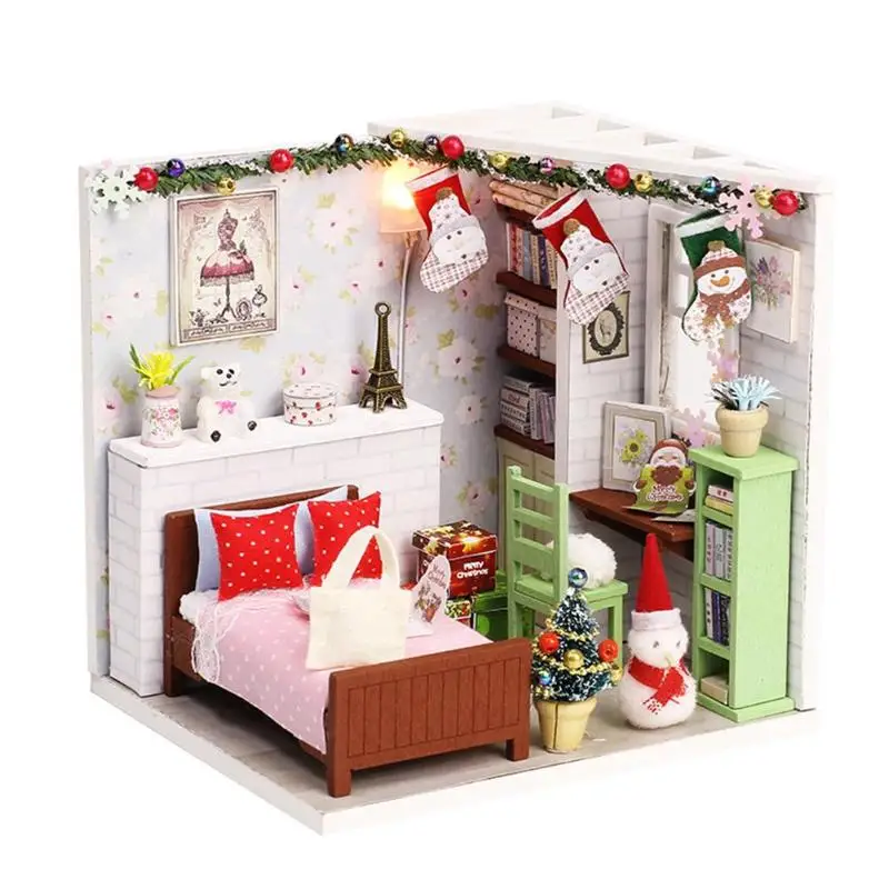

Christmas Dolly Pavilion House DIY Wooden Miniature Dollhouse with Dustproof Sheet Christmas Decoration for home Kids Gift33