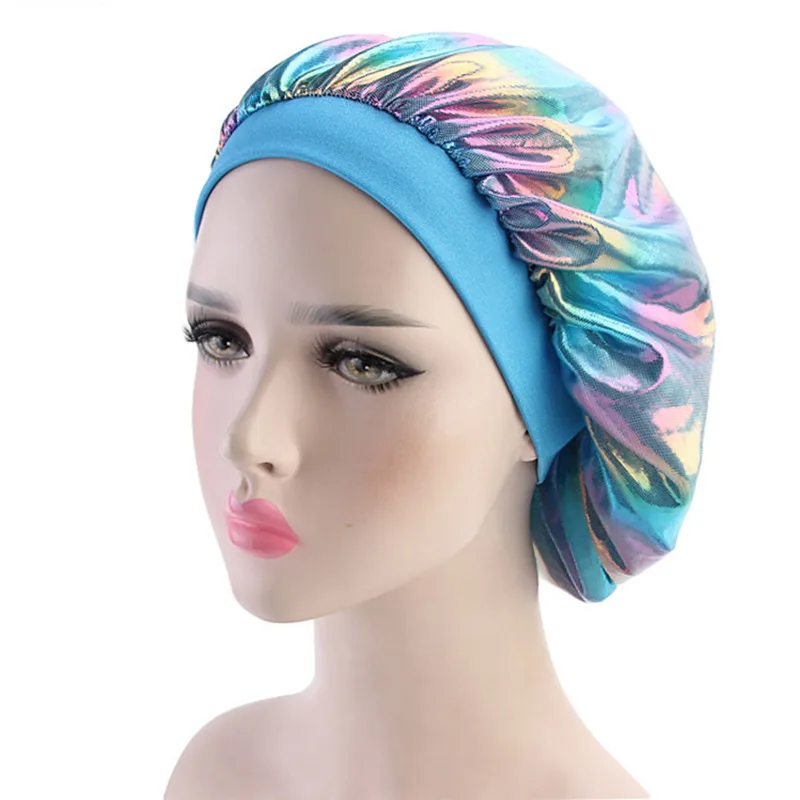 Blue Атласная шапочка для сна, шапочка для душа, шелковая шляпа, шапка для женщин, ночная шапочка для сна, крышка для головы, широкая эластичная лента - Цвет: Blue