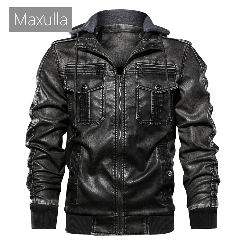Куртка Maxulla мужская из ПУ кожи повседневная приталенная с капюшоном Байкерская