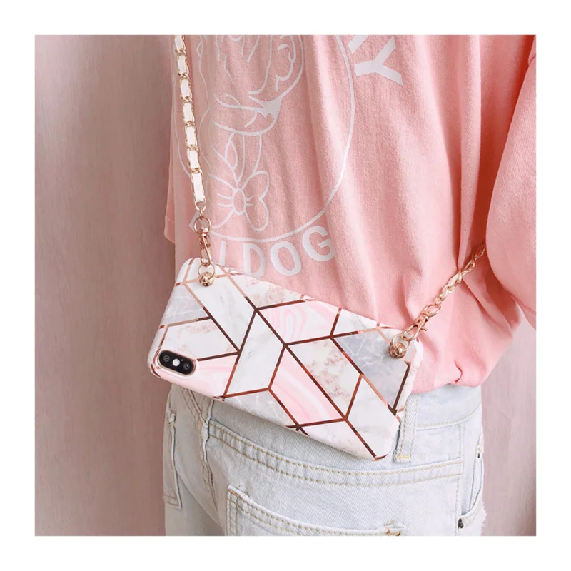 

Pink Lattice Marble Crossbody Phone Case For Samsung Galaxy note10 S8 S9 S10 plue S10e A40/A50/A70 cover with long chain strap