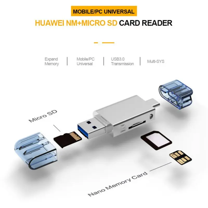 2-в-1 кард-ридер адаптер Портативный Тип-C/USB 2,0 для нм Nano TF защищенная цифровая Карты памяти и аксессуары для Мобильный телефон Huawei