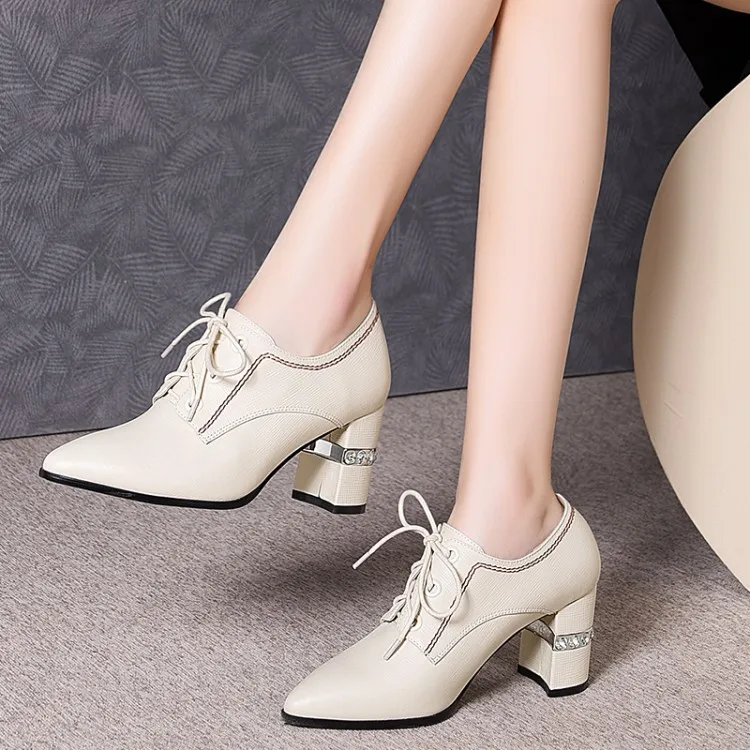 

Full-grain Leather Fashion Spring New Style Women Pointed Tendon Outsole Chunky High Heel Lace up Front Deep Mouth Fashion Shoes