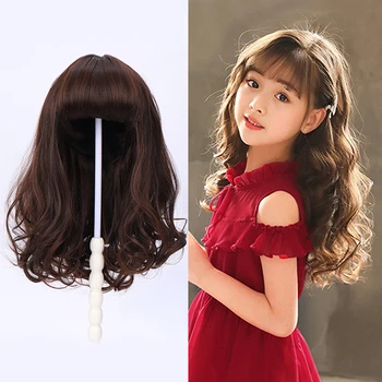 

Long curly hair children's wig headdress hair cover girl cute long straight hair Bob head synthetic fiber