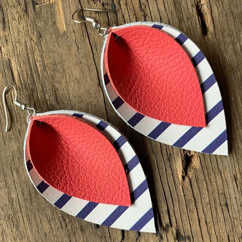 Coral Double Layer Glitter Colorful Striped Teardrop Earrings Rose Gold Leather Blue And White Stripes Large Leaf Earrings Stock - Окраска металла: Coral