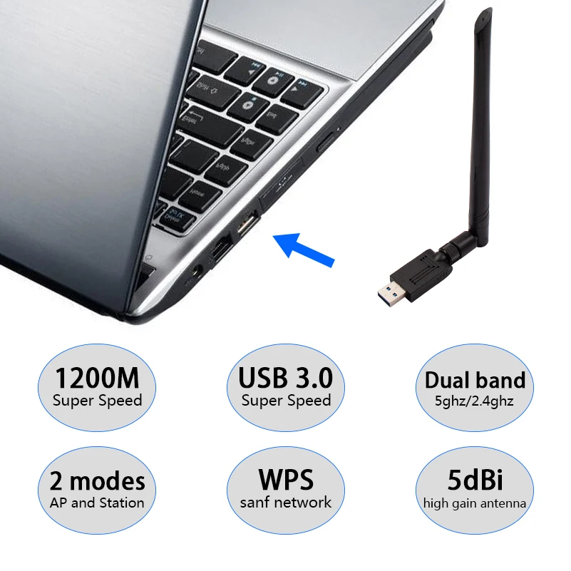 USB Wifi адаптер 1200 Мбит/с 5DBI Antena Wi-Fi USB 3,0 адаптер Wi-Fi ключ беспроводной сетевой карты приемник 5 ГГц 2,4 ГГц Wifi LAN