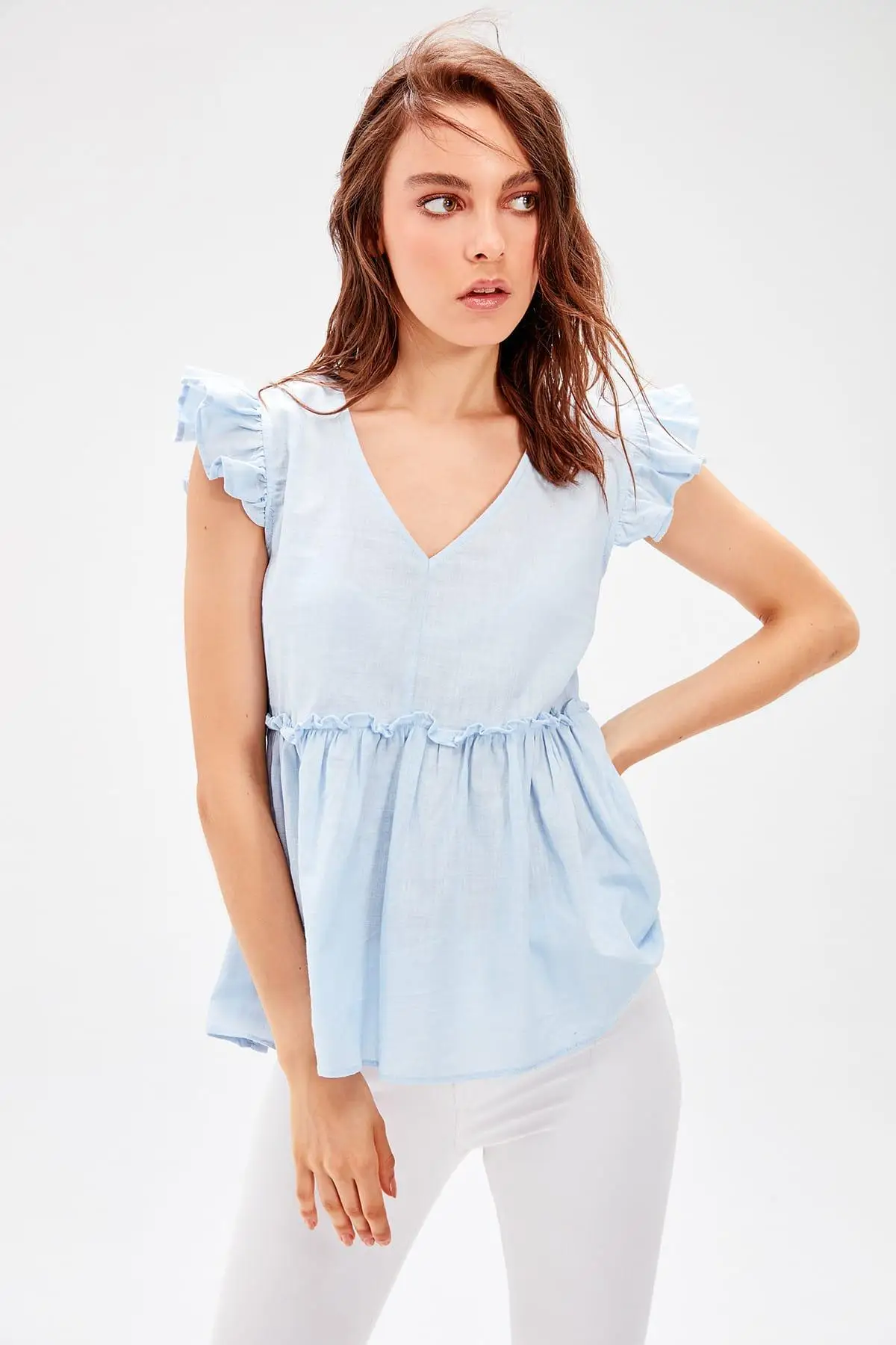 

Trendyol Blue Ruffle Detaylı Bluz TWOAW20BZ0068