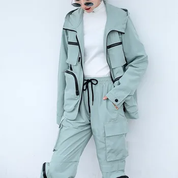 

2019 Autumn Two Piece Set Top and Pants Hip Hop Pocket Function Detachable Tooling Women Sets