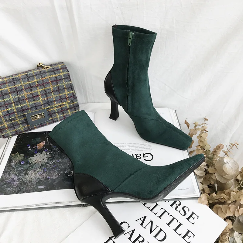 

MONMOIRA Patchwork Stretch Pu Sock Boots Women Strange High Heel Ankle Boots for Women Sexy Winter Women's Boots SWE0522
