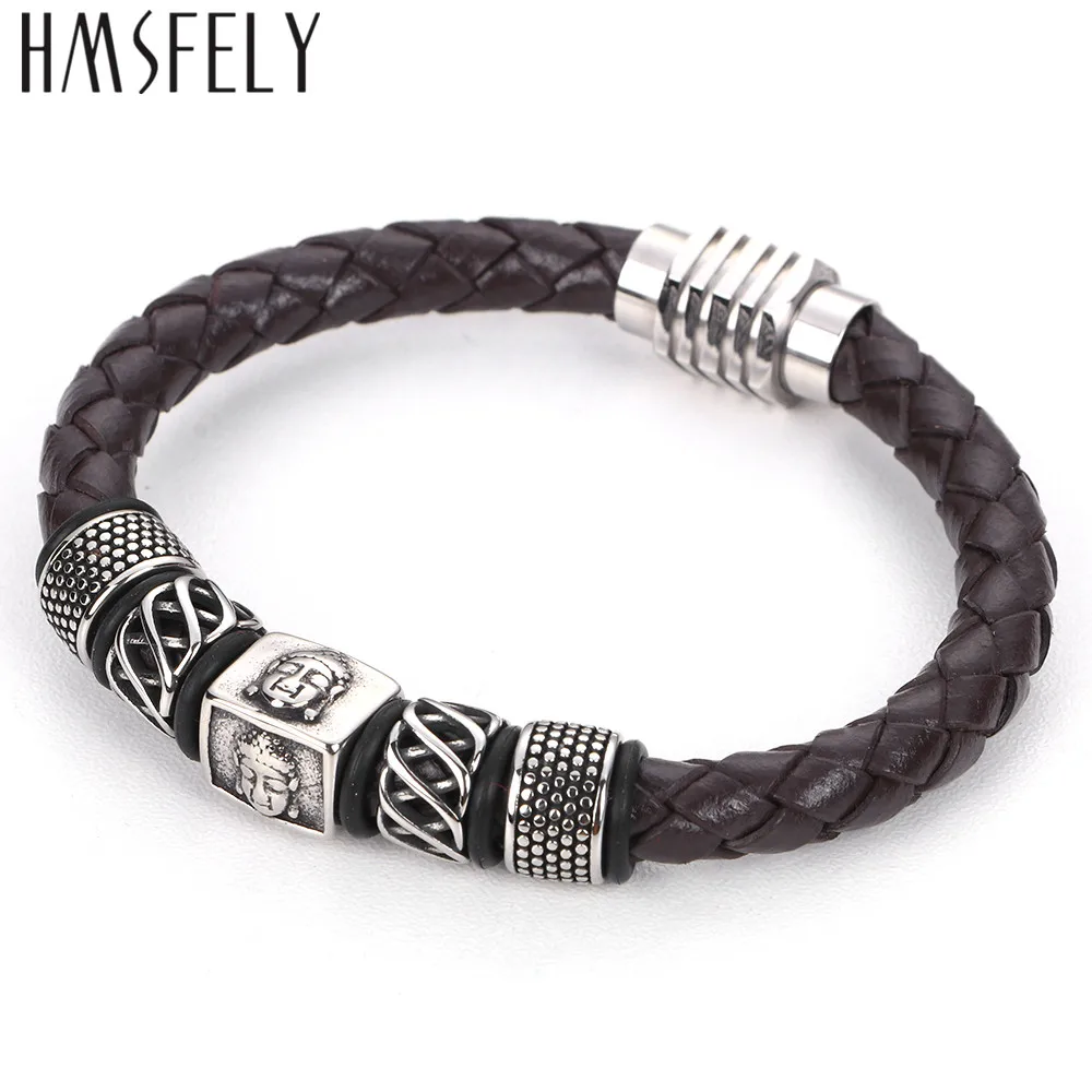 HMSFELY, модный мужской кожаный браслет, нержавеющая сталь, Будда, бусины, браслеты, ювелирные изделия для мужчин, магнитный буддийский браслет - Окраска металла: Brown